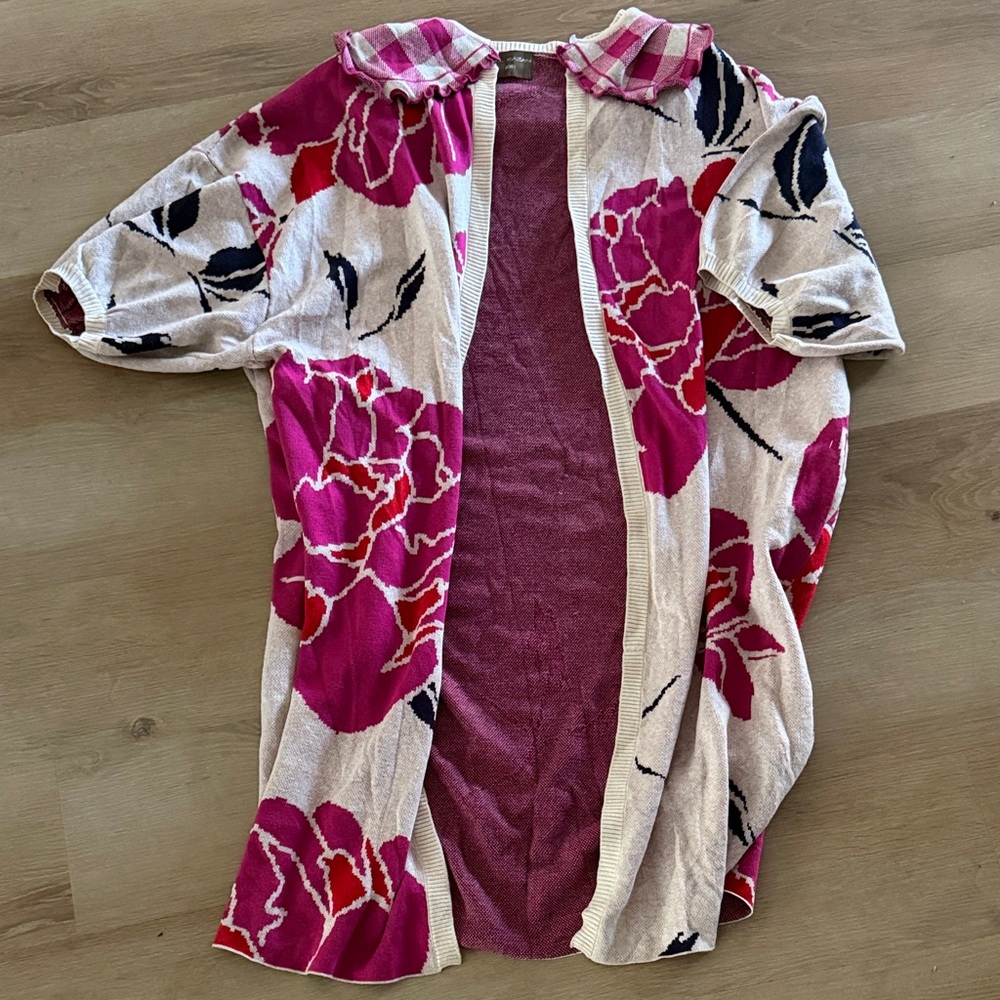 Floral Open Long Cardigan/Shawl with Pink and Cream